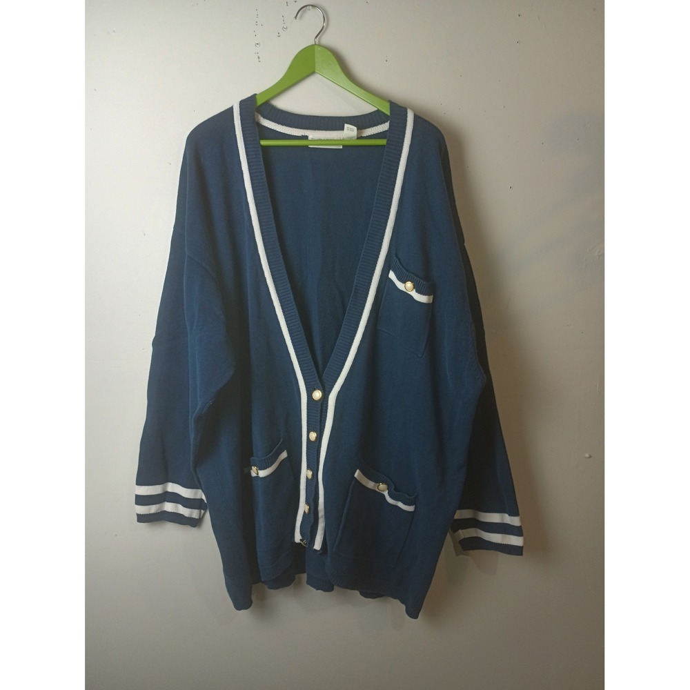 Vintage Elisabeth Liz Claiborne Navy Blue Cotton Cardigan Sweater Nautical 3X